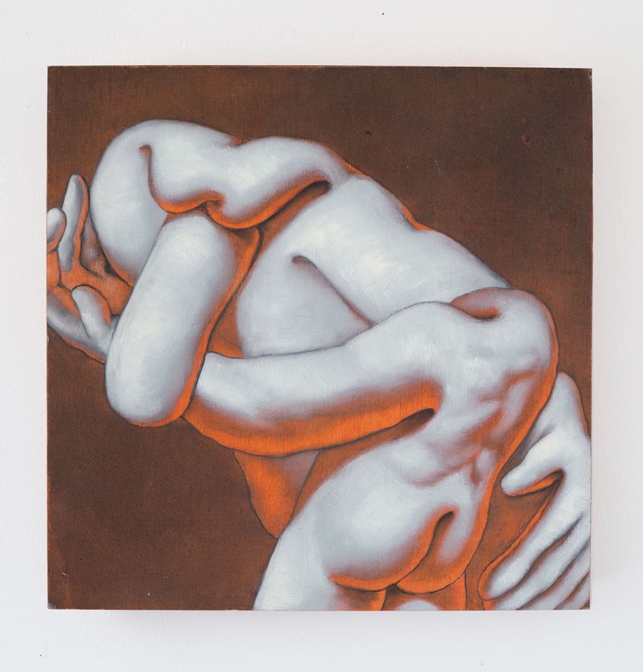 A painting of of disembodied bodies and facial features embracing 