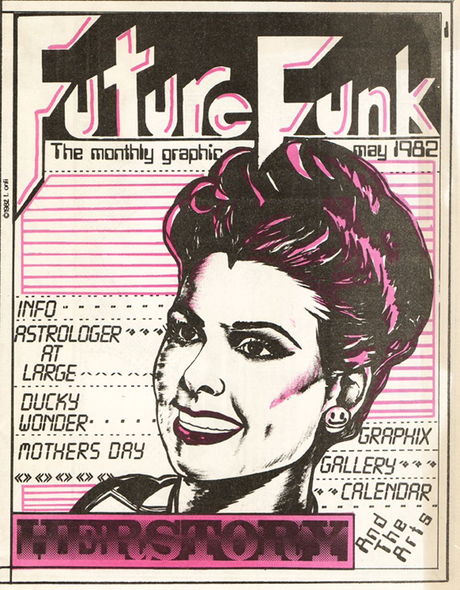 A black, white, and pink Future Funk magazine cover with a woman's face on it