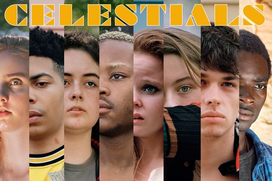 Narrow rectangles of photographs of eight faces lined up side-by-side with CELESTIALS written on top in orange text