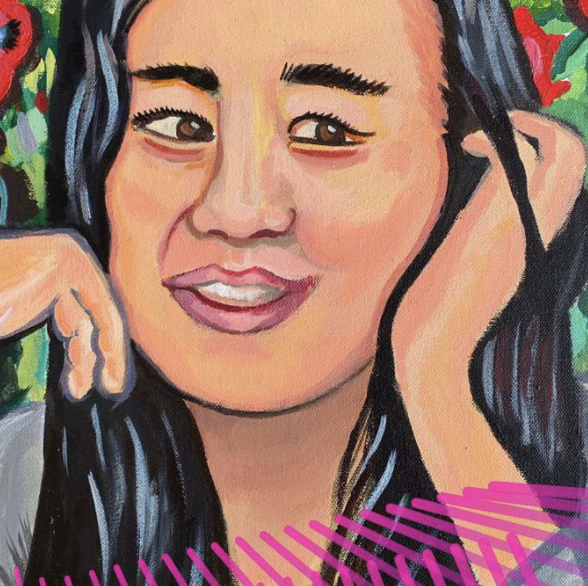 A painted portrait of Assitant Professor Chun-Shan Sandie Yi, a woman with dark, straight hair and brown eyes. She rests her hands on her face, and each of her hands have two fingers. Yi is painted in front of a green background with red, abstract shapes.