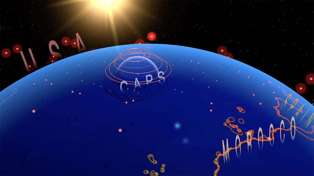 Digital rendering of a planet in space. The rendering contains names of countries on top of the planet