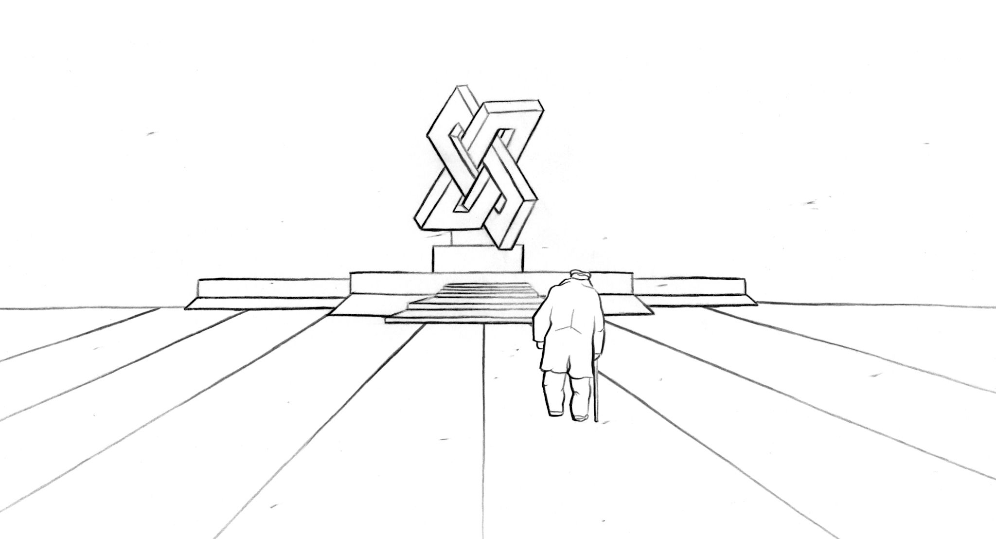 A digital drawing of a person standing in front of a sculpture.