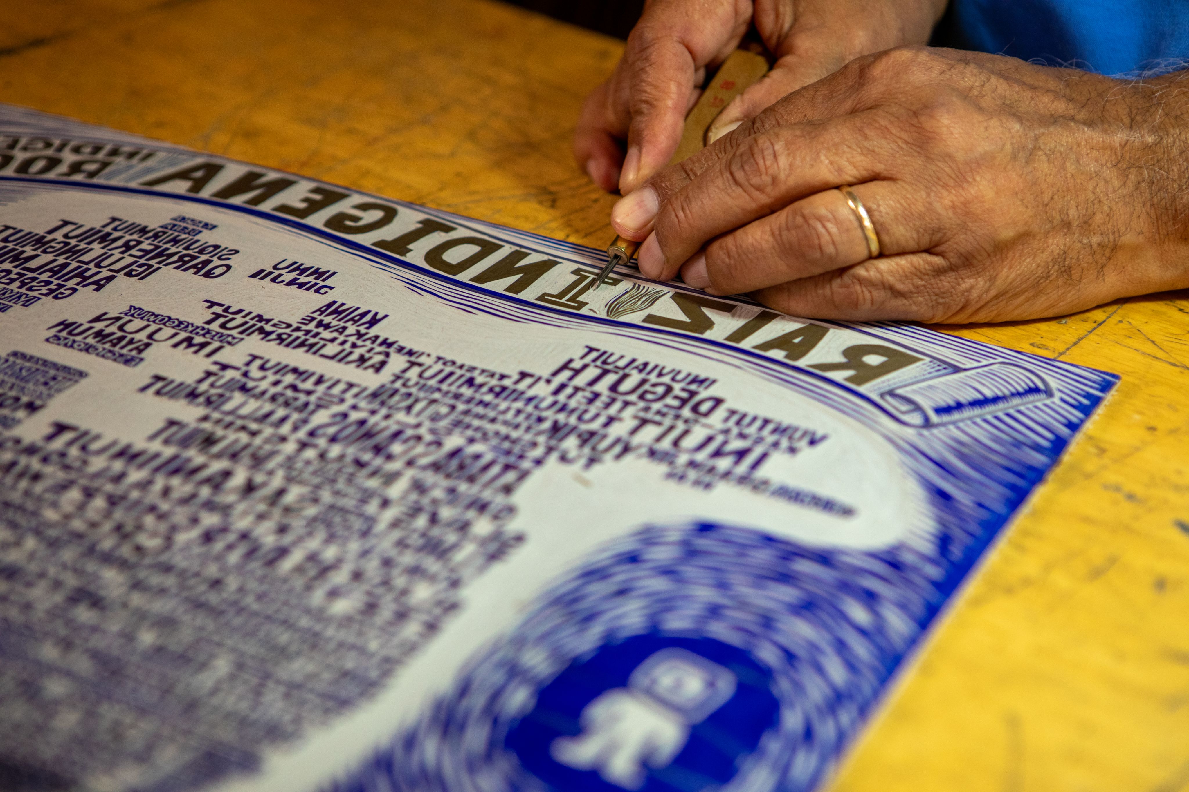 A close-up of a blue and white print