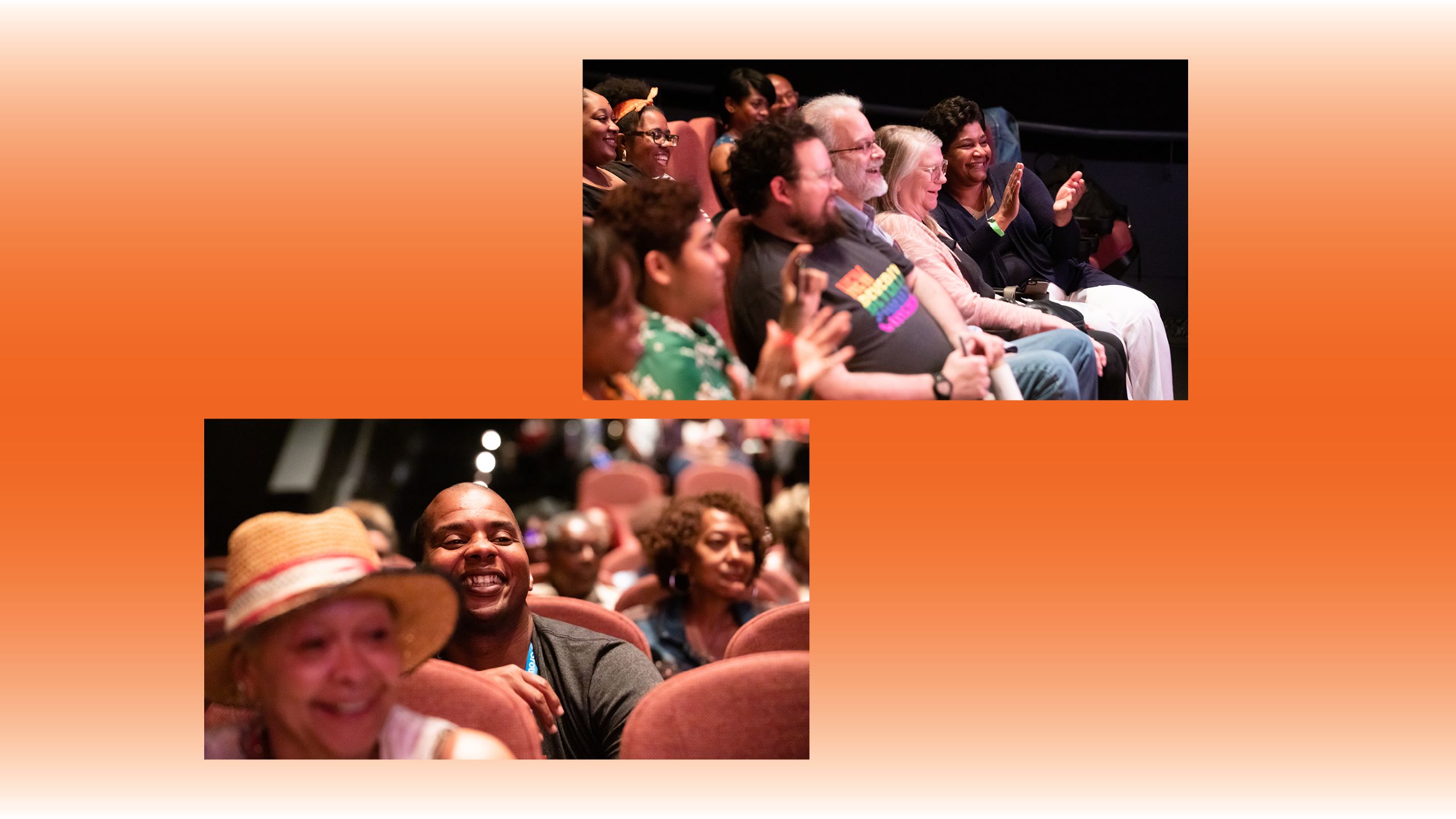Two images, both of audience members smiling and laughing in a movie theater