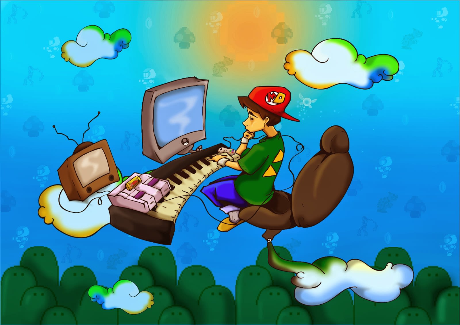 Artwork of a boy sitting at a computer with a musical keyboard