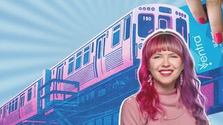 Blue and white background with pink and blue train