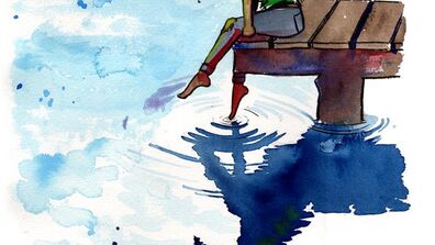 An illustration of a person on a dock looking into a body of water