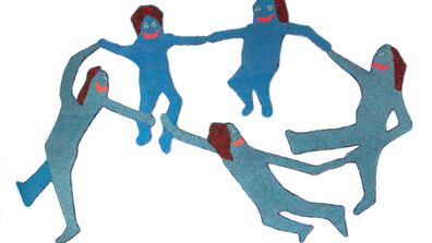 Five blue human-like figures made of textiles link arms in a circle.