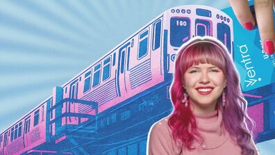 Blue and white background with pink and blue train