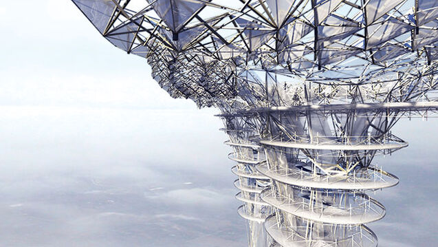 A 3D architectural rendering of a building high up in the clouds.