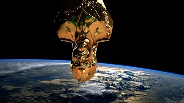 An image of a gold man floating in space from Wafaa Bilal’s Indulge Me