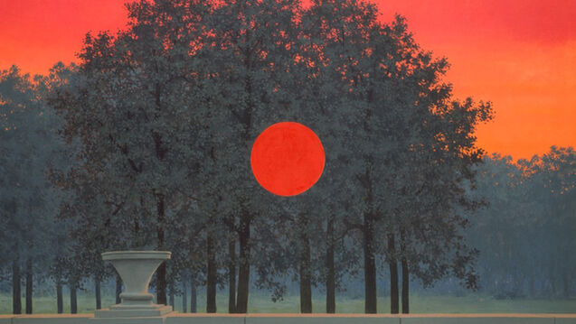 A surrealist painting of a red sun setting in front of a line of trees.