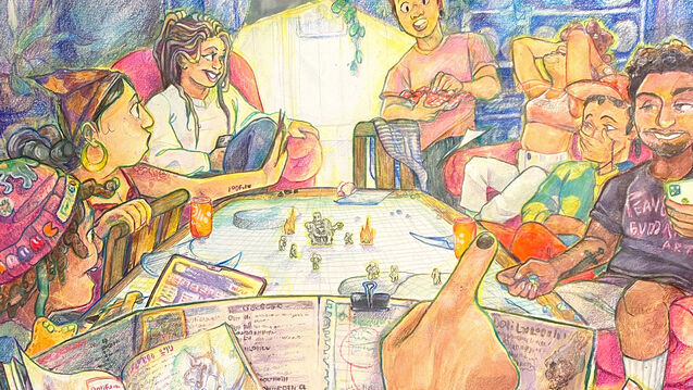 A colorful pencil drawing of a group of students around a board game