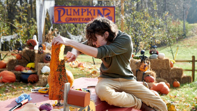 Student Ethan Anderson carves a pumpkin