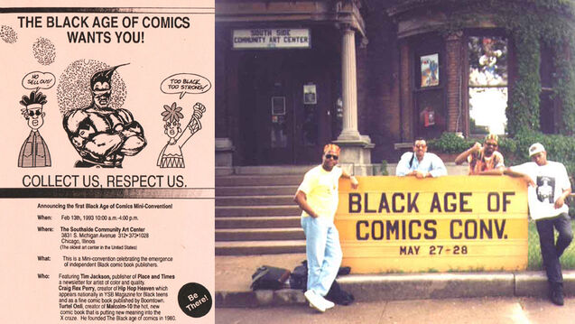a collage of a Black age of Comics flyer and a photo of the first convention