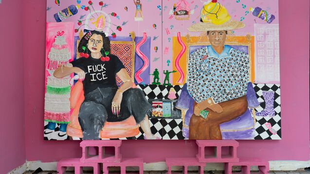 painting of a woman and man sitting on thrones in a fantastical scene sitting on pink cinder blocks against bright pink wall