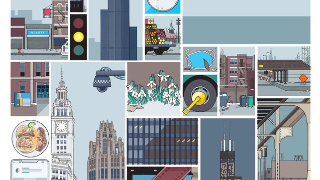 Comic grid of a Chicago's infrastructures by Chris Ware