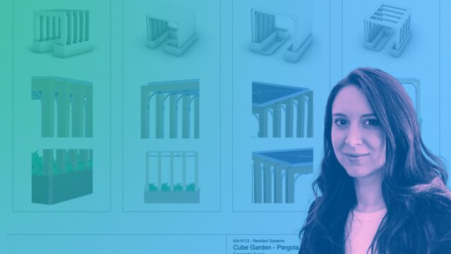 Portrait of a woman with long dark hair, presented in a blue and green halftone style overlay. Behind her is a project board featuring 3D renderings of a modular garden pergola design called 'Cube Garden - Pergola' by Cassandra Supak for the School of the Art Institute of Chicago, dated December 11, 2024. The board shows different views and variations of the cube-shaped pergola structure with integrated planters.