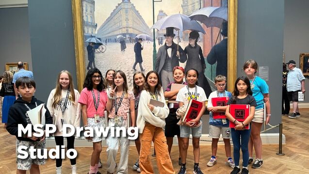 A group of middle schoolers varying in ethnicity and gender stand in the Art Institute. 