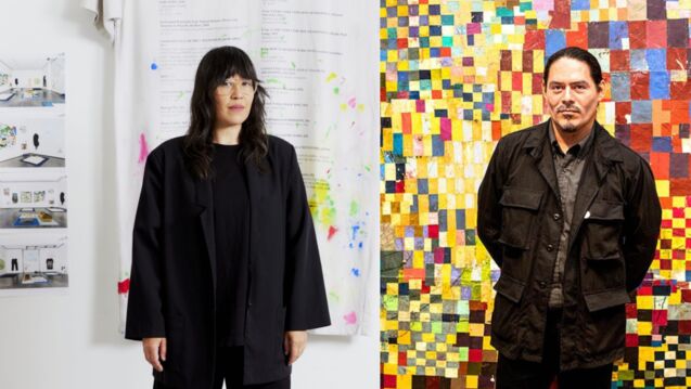 Amanda Ross-Ho stands in a white studio with painted fabric and gallery images behind her. william cordova stands in front of a vibrant, checkered mosaic wall. Both wear dark clothing and face the camera.