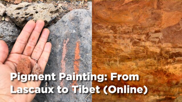 A split image that shows a hand holding a rock on the left side, and a close-up image of a rock's surface on the right.