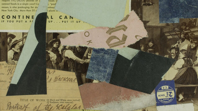 A muted collage artwork with different text and images