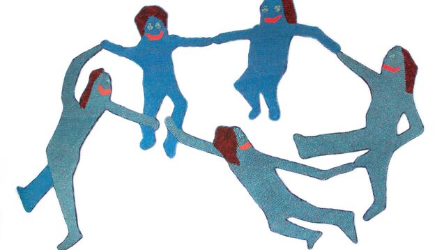 Five blue human-like figures made of textiles link arms in a circle.