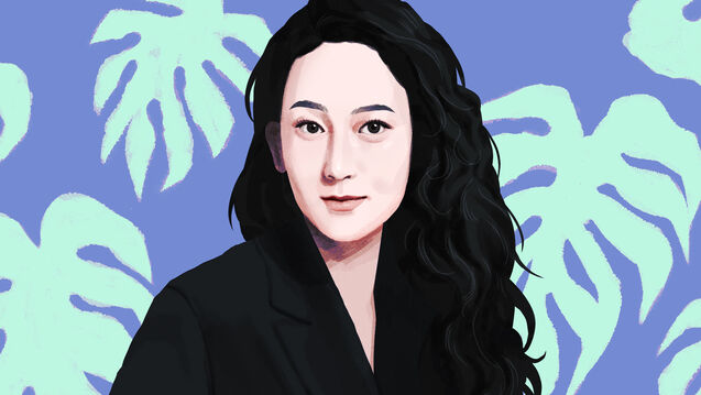 An illustration of an alum in front of palm leaves