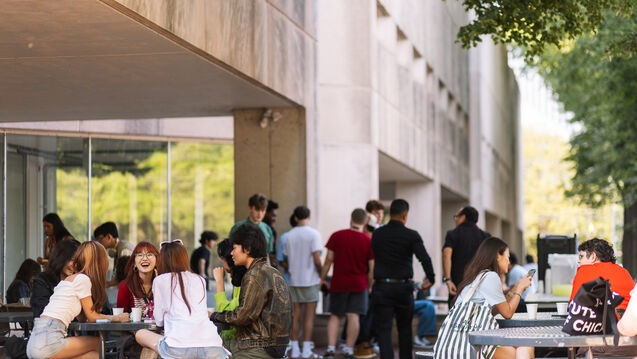 Students of varying ethnicities and genders gather outdoors on SAIC's campus. 