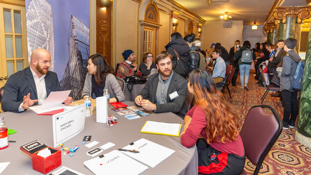 Students gathered in the MacLean ballroom during SAIC’s internship and career expo.