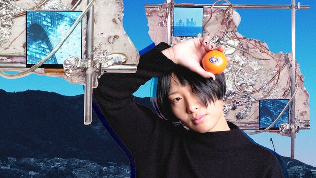 Portrait of Xinlyu Wang, who goes by Shu, holding an orange against her head, layered with images of her installation Dwelling in the Mirage. The composition includes metal, resin, and embedded screens from the work, set against a blue-toned mountain landscape from Bogotá.