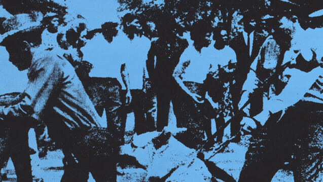A blue tinted photograph from Warhol's race riot series