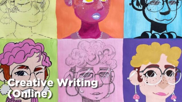 Grid of illustrations that vary in style and depcit the same subject. Text reads: "Creative Writing (Online)."