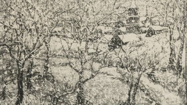 an etching of a winter scene
