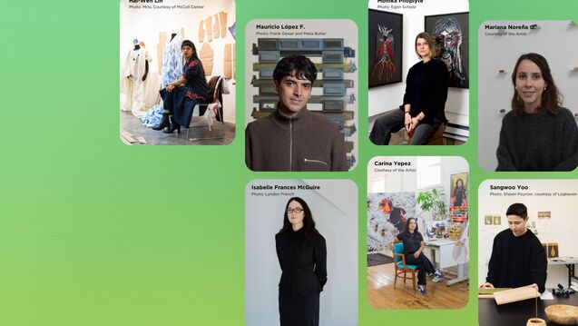  Portraits of seven artists — Hai-Wen Lin, Mauricio López F., Monika Plioplyte, Isabelle Frances McGuire, Carina Yepez, Mariana Noreña G., and Sangwoo Yoo — arranged on a green gradient background, each pictured in their studio or workspace.