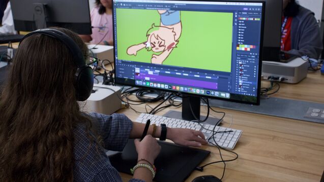 A person looks at animation on a computer.