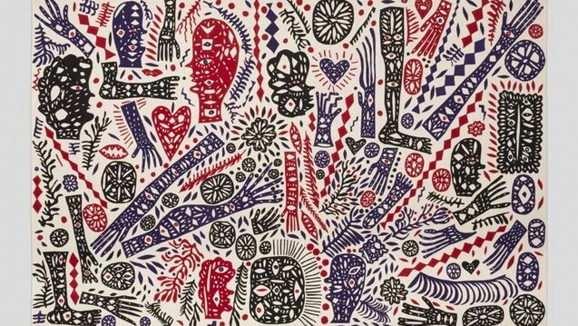 a canvas made up of layered felt figures in black, red, white and blue 