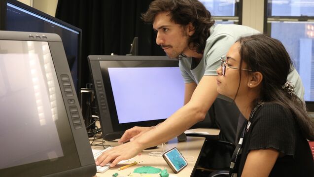 Faculty and student review content on computer monitor