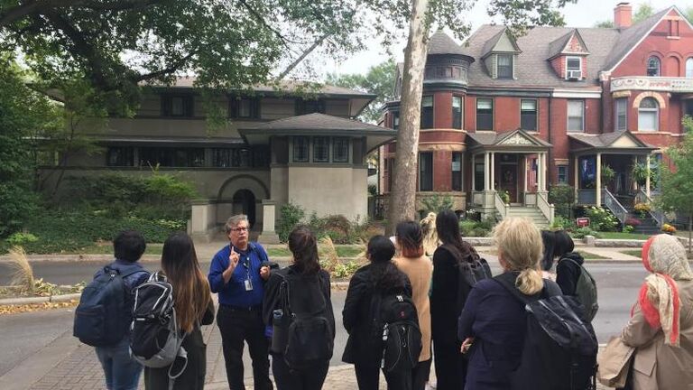 Students and instructor on an architectural tour.