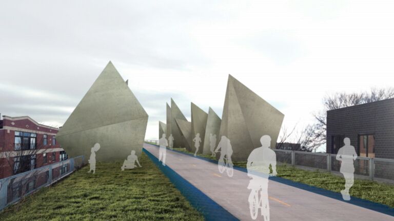  Architectural rendering of a bike and walking path bordered by large sculptures.