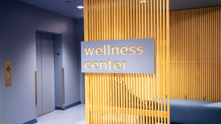 Sign hangs on wall reading “Wellness Center”. 