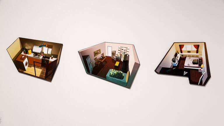 Three digital images of spaces in a person's home. 