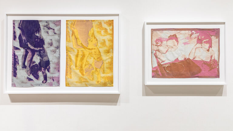 Three screen prints using purple, yellow and pink ink.