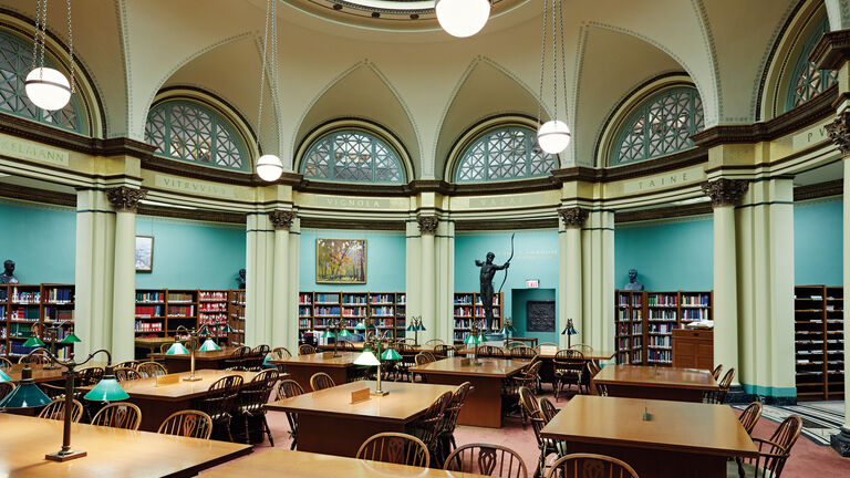 Wide shot of a large, classical library