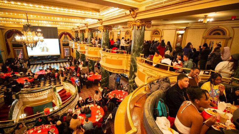 Wide shot of an event in the SAIC ballroom