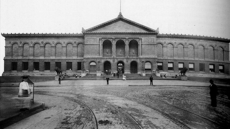 Black and white image of the AIC facade in the 1800's