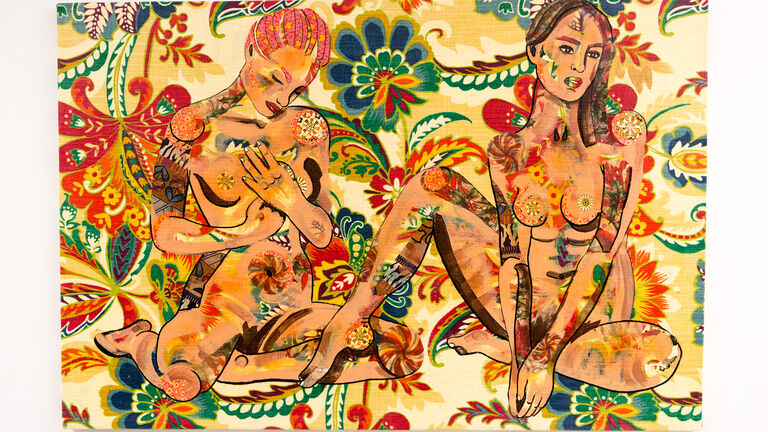 A painting of two figures in study poses on fabric with mixed media. 