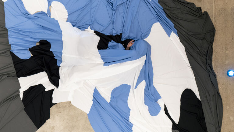 A person submerged in blankets reaches their hand out