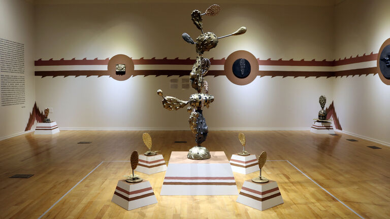 An installation view of Salvador Jiménez-Flores’ exhibition "eagle, serpiente, nopalli"