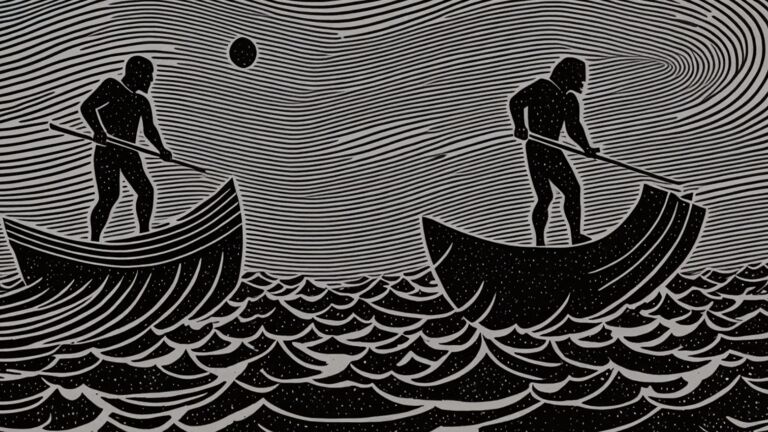 A black and white animation of two figures in boats